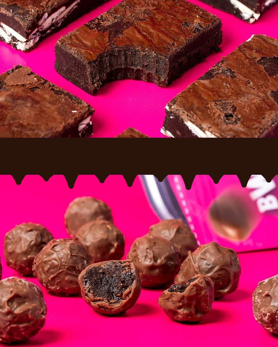 Bitten triple chocolate brownie and a BWOWNIES BITES pouch with loose Bites