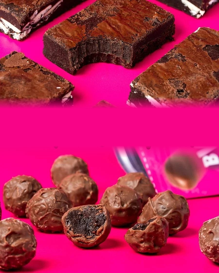 Bitten triple chocolate brownie and a BWOWNIES BITES pouch with loose Bites