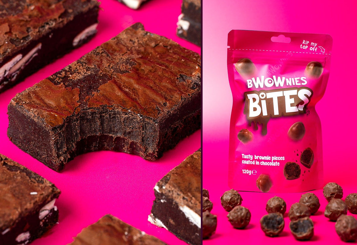 Bitten triple chocolate brownie and a BWOWNIES BITES pouch with loose Bites