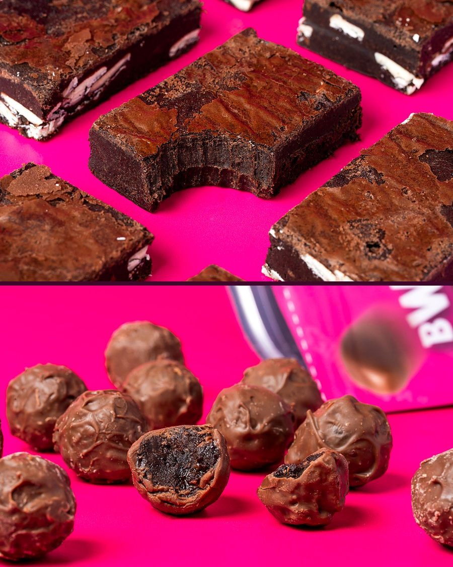 Bitten triple chocolate brownie and a BWOWNIES BITES pouch with loose Bites